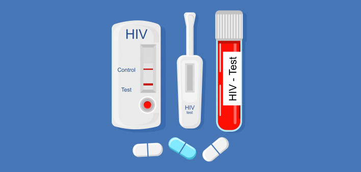 Express HIV self-test kit illustration with Laboratory tube with blood.Different types of medical tools