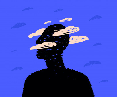 A black silhouette of a head surrounded by clouds, a symbol of postcovid syndrome, brain fog
